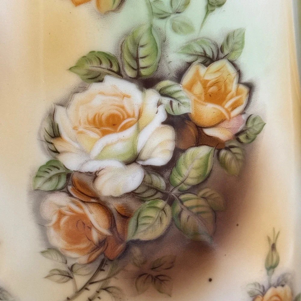 RS Wreath Stamp Porcelain Floral Chocolate‎ Set Pitcher & 5 Cups Gold Trim Roses